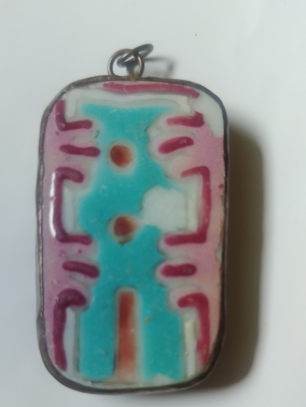 Turquoise & Pink Enamel Pendant, Vintage, Handmade